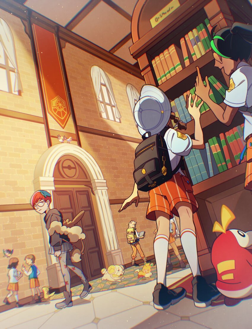 3boys 4girls arven_(pokemon) backpack bag black_hair book bookshelf brown_bag ceiling dark-skinned_female dark_skin door fidough fuecoco gen_1_pokemon green_hair hand_up hat highres indoors juliana_(pokemon) multicolored_hair multiple_boys multiple_girls nemona_(pokemon) nintendo orange_shorts pawmi penny_(pokemon) pikachu pokemon pokemon_sv ponytail school_uniform selyg15 shirt shoes short_sleeves shorts socks standing two-tone_hair
