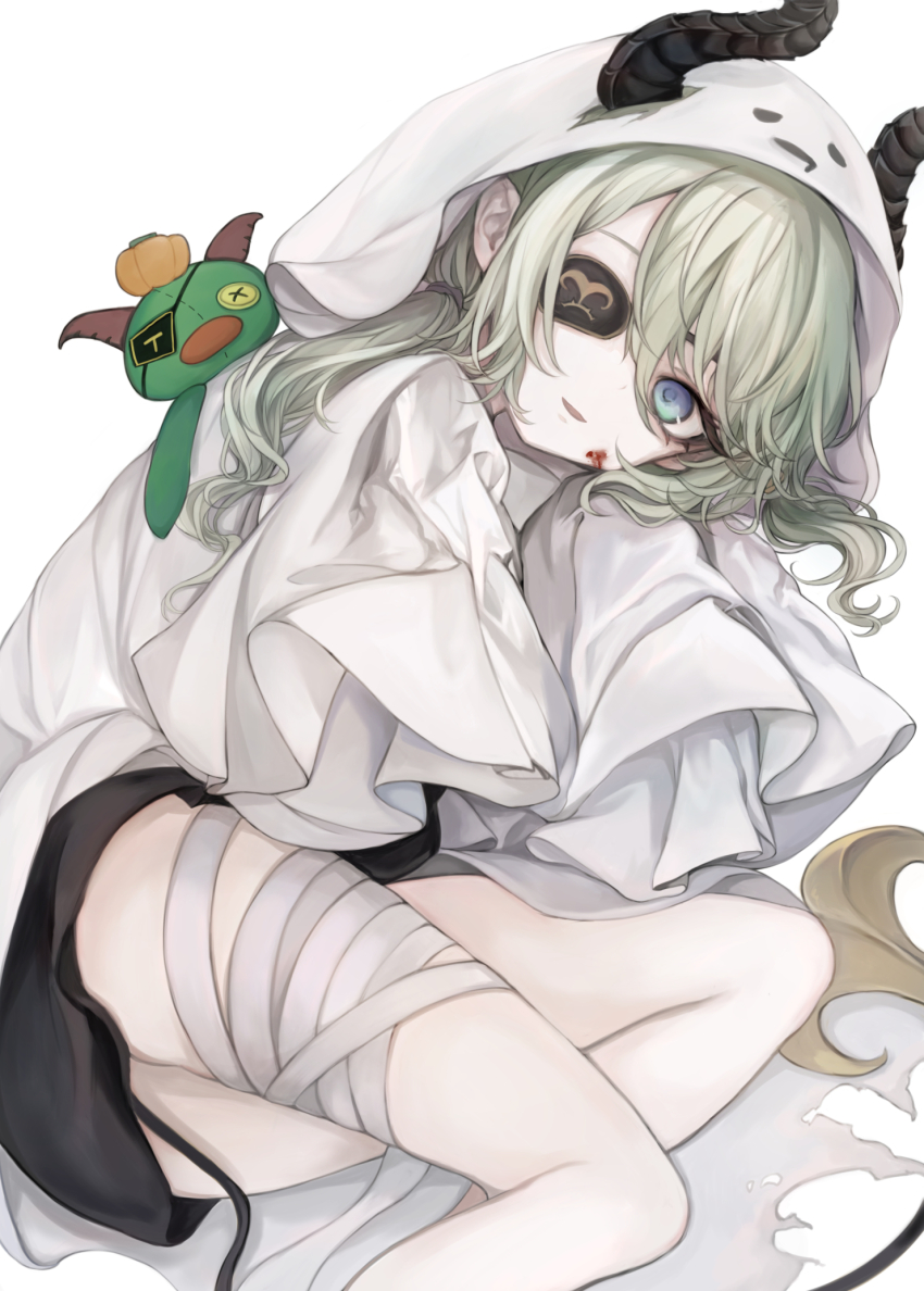 1girl alternate_costume bandaged_leg bandages black_horns black_skirt blood blood_on_face blue_eyes commentary_request demon_girl demon_horns eyepatch feet_out_of_frame ghost_costume green_hair hasunokaeru highres hood hood_up horns long_hair looking_at_viewer lying nanashi_inc. on_side open_mouth sekishiro_mico simple_background skirt sleeves_past_fingers sleeves_past_wrists smile solo stuffed_demon tsukaima_(sekishiro_mico) virtual_youtuber white_background