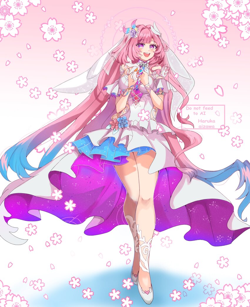 1girl absurdres aqua_hair breasts bridal_veil commentary cyrene_(honkai:_star_rail) cyrene_(ripples_of_past_reverie)_(honkai:_star_rail) diamond-shaped_pupils diamond_(shape) dress english_commentary floral_background flower gradient_hair hair_flower hair_ornament harukaaizawa high_heels highres honkai:_star_rail honkai_(series) large_breasts long_hair multicolored_hair open_mouth pink_hair purple_eyes smile solo symbol-shaped_pupils thighs veil very_long_hair white_dress white_hair
