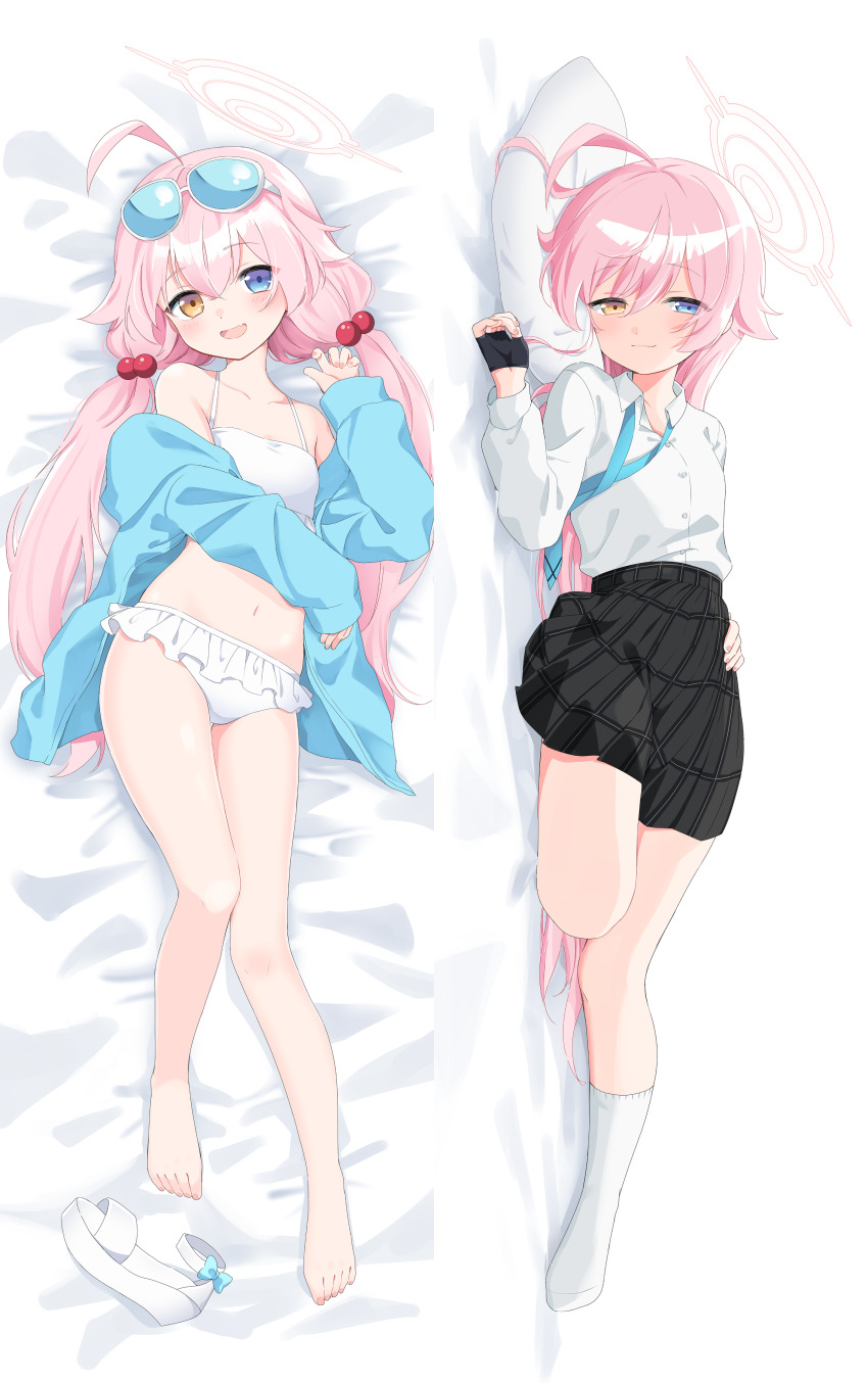 1girl absurdres ahoge barefoot bed_sheet bikini black_gloves blue_archive blue_eyes blue_necktie blush breasts collared_shirt dakimakura_(medium) eyewear_on_head fingerless_gloves frilled_bikini frills full_body gloves grey_skirt hair_bobbles hair_ornament halo heterochromia highres hoshino_(blue_archive) hoshino_(swimsuit)_(blue_archive) ica long_hair long_sleeves looking_at_viewer lying multiple_views navel necktie off_shoulder on_back open_mouth pink_hair plaid_clothes plaid_skirt pleated_skirt shirt shoes skirt sleeves_past_wrists small_breasts smile socks swimsuit twintails very_long_hair white_bikini white_shirt yellow_eyes