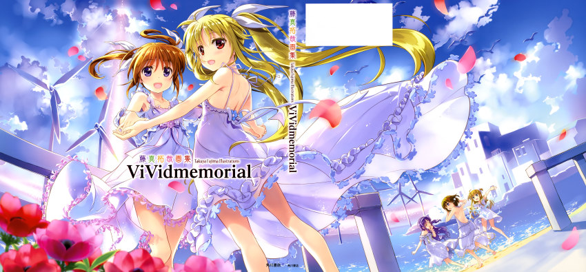 5girls :d absurdres ahoge arisa_bunnings armpits artist_name backless_dress backless_outfit bare_shoulders barefoot bird blonde_hair blue_eyes blue_sky blush bow breasts brown_hair child city cloud cloudy_sky collarbone cover cover_page day dress dress_bow english_text closed_eyes eyes_visible_through_hair fate_testarossa flower flower_request frilled_dress frills from_behind fujima_takuya green_eyes hair_between_eyes hair_ornament hair_ribbon hairband hand_on_own_chin highres holding_hands lens_flare light_brown_hair long_hair looking_at_another looking_at_viewer looking_back lyrical_nanoha mahou_shoujo_lyrical_nanoha mahou_shoujo_lyrical_nanoha_a&#039;s multiple_girls off_shoulder official_art one_eye_closed open_mouth outdoors outstretched_arms petals pink_bow puffy_short_sleeves puffy_sleeves purple_eyes purple_hair red_eyes red_flower ribbon sand scan seagull see-through_silhouette shore short_hair short_sleeves short_twintails shoulder_blades sideboob sky sleeveless sleeveless_dress small_breasts smile spaghetti_strap spread_arms sundress takamachi_nanoha tongue tsukimura_suzuka twintails white_dress white_hairband white_ribbon windmill x_hair_ornament yagami_hayate yuri