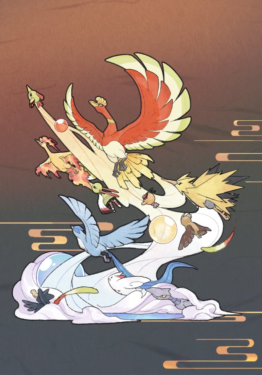 articuno beak bird closed_mouth commentary_request flying gen_1_pokemon gen_2_pokemon gen_4_pokemon highres ho-oh hoothoot lanjiujiu legendary_pokemon looking_up moltres murkrow natu nintendo no_humans noctowl open_mouth owl pokemon pokemon_(creature) rainbow_feather_(pokemon) skarmory smile talons togekiss xatu zapdos