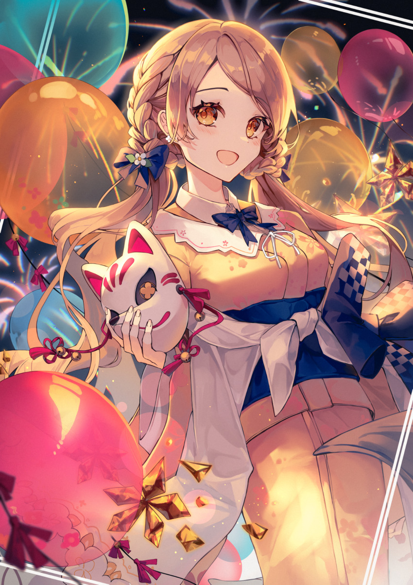 1girl :d aerial_fireworks arcaea balloon black_bow black_bowtie blush bow bowtie breasts brown_hair commentary_request cowboy_shot fireworks fox_mask hair_bow highres holding holding_mask japanese_clothes kanae_(arcaea) kimono long_hair long_sleeves looking_at_viewer mask medium_breasts miyu_(miy_u1308) nape_braid night obi open_mouth outdoors sash smile solo standing swept_bangs twintails wide_sleeves yellow_eyes yellow_kimono