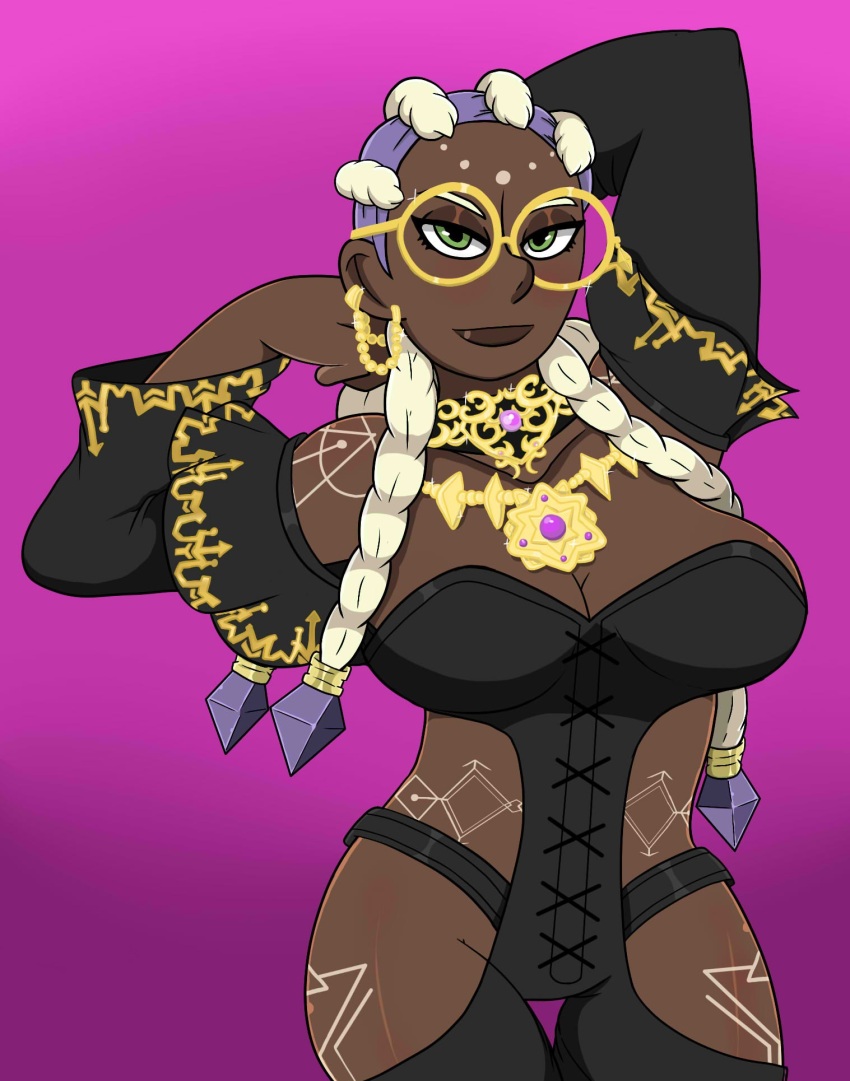 1girl bodypaint braid braided_ponytail breasts cleavage curvy dark-skinned_female dark_skin dolores_(kof) dope_is_nukat dopeisnukat dress earrings female_focus glasses gold huge_breasts jewelry large_breasts long_hair looking_at_viewer multicolored_hair nukat_is_dope nukatisdope panties purple_hair round_eyewear standing the_king_of_fighters thick_thighs thighs two-tone_hair underwear white_hair wide_hips