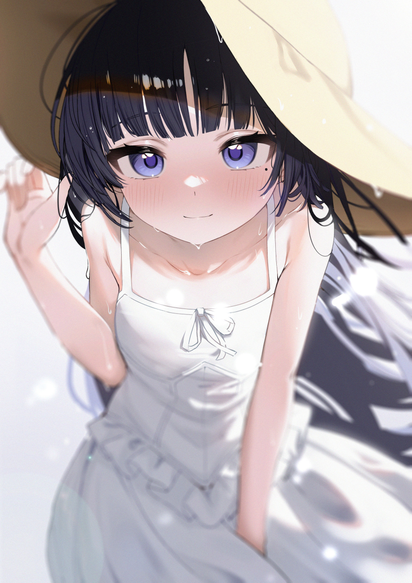 1girl absurdres adjusting_clothes adjusting_headwear bare_shoulders black_hair blush character_request closed_mouth dress hat highres large_hat long_hair looking_at_viewer mole mole_under_eye number-only_commentary original purple_eyes simple_background sleeveless sleeveless_dress smile solo sun_hat sweat very_long_hair wendao white_background white_dress yellow_hat