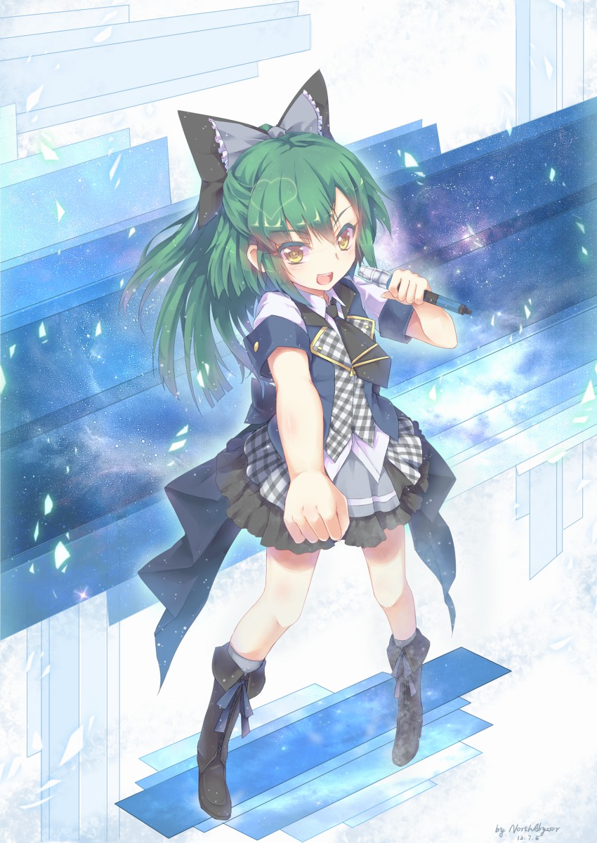 10s 1girl :d absurdres akb0048 artist_name boots dated female_focus green_hair highres holding microphone north_abyssor open_mouth outstretched_arm plaid smile solo takahashi_minami_(akb0048) yellow_eyes