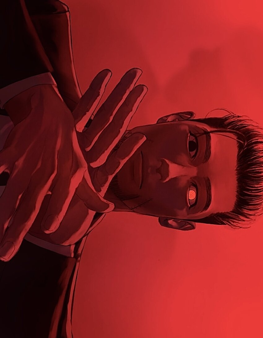 1boy black_eyes black_hair facial_hair facial_scar gag_mnmnm golden_kamuy hair_slicked_back highres long_sleeves looking_at_viewer male_focus ogata_hyakunosuke own_hands_together partially_blind red_theme scar scar_on_cheek scar_on_face serious short_hair sideways simple_background solo stubble upper_body