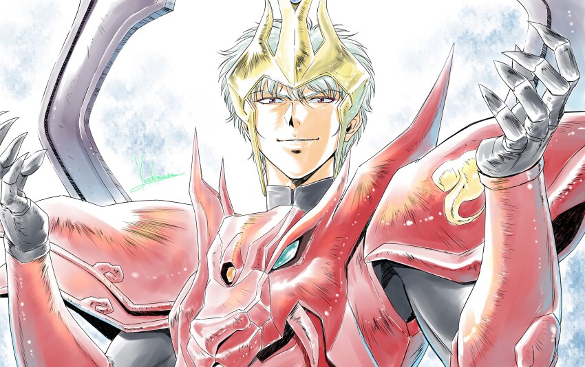 1boy absurdres armor artist_name black_shirt closed_mouth commentary forehead_protector fudou_myou-oh_akaranaata gauntlets hands_up highres male_focus pauldrons portrait purple_eyes red_armor shirt short_hair shoulder_armor signature skin_tight smile solo tenkuu_senki_shurato vambraces white_hair yoshinaga_masahiro