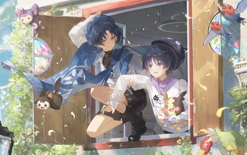 1boy a_ji absurdres aipom black_footwear black_shirt black_shorts blue_hair blue_headwear blue_shirt boots comfey dual_persona emolga falling_petals fletchling gen_2_pokemon gen_5_pokemon gen_6_pokemon gen_7_pokemon gen_8_pokemon genshin_impact hakama hakama_shorts highres holding holding_another&#039;s_arm holding_pokemon japanese_clothes jewelry long_sleeves looking_at_another lower_teeth_only morpeko morpeko_(full) necklace nintendo open_window petals pokemon pokemon_(creature) purple_eyes purple_hair purple_headwear scaramouche_(genshin_impact) shirt short_hair shorts teeth through_window wanderer_(genshin_impact) white_shirt window