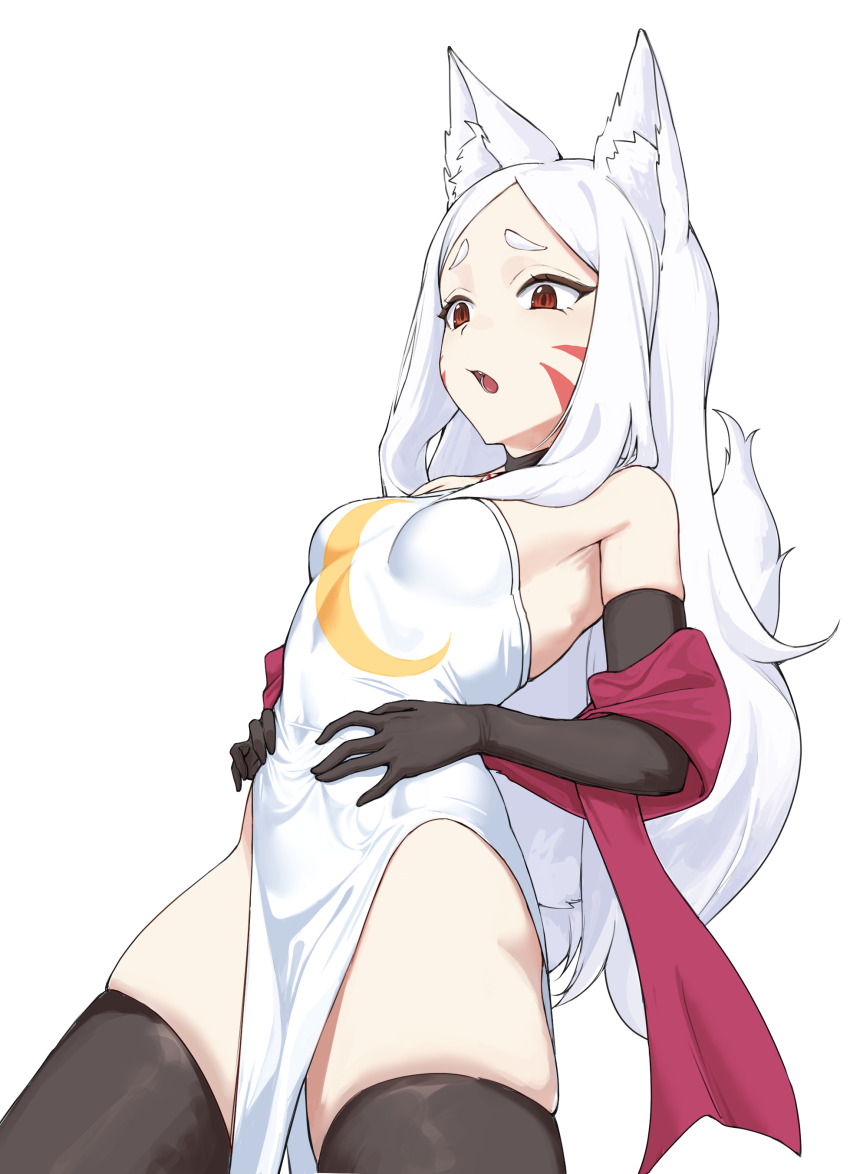1girl absurdres animal_ear_fluff animal_ears armpit_crease belly_grab black_choker black_gloves black_thighhighs breasts choker covered_navel cowboy_shot crescent_print dress elbow_gloves facial_mark fox_ears fox_girl fox_tail gloves hands_on_own_stomach highres long_hair looking_down miki_inedbugs open_mouth red_eyes red_shawl sewayaki_kitsune_no_senko-san shawl shiro_(sewayaki_kitsune_no_senko-san) short_eyebrows small_breasts solo spread_navel standing strapless strapless_dress tail thick_eyebrows thighhighs whisker_markings white_background white_hair