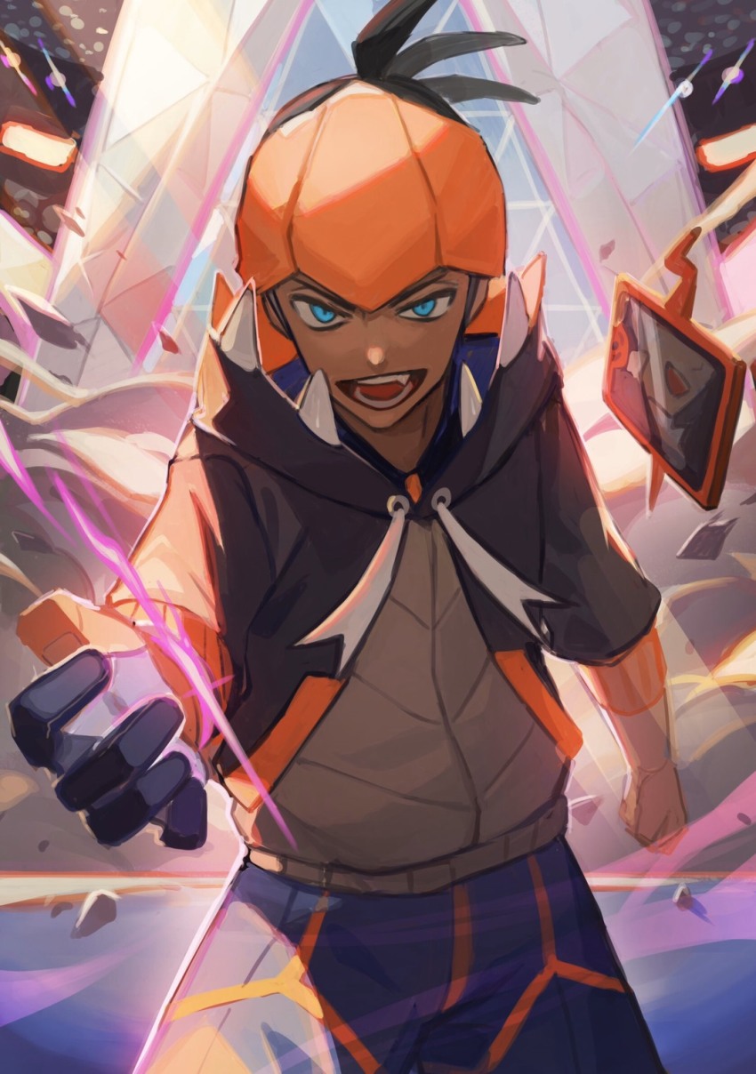 1boy black_hair black_hoodie blue_eyes clenched_hand commentary_request dark-skinned_male dark_skin duraludon gen_4_pokemon gen_8_pokemon gigantamax gigantamax_duraludon gloves gym_leader highres hood hoodie looking_at_viewer nintendo open_mouth orange_headwear outstretched_hand partially_fingerless_gloves pokemon pokemon_(creature) pokemon_swsh raihan_(pokemon) rotom rotom_phone single_glove teeth tongue tsugutoku