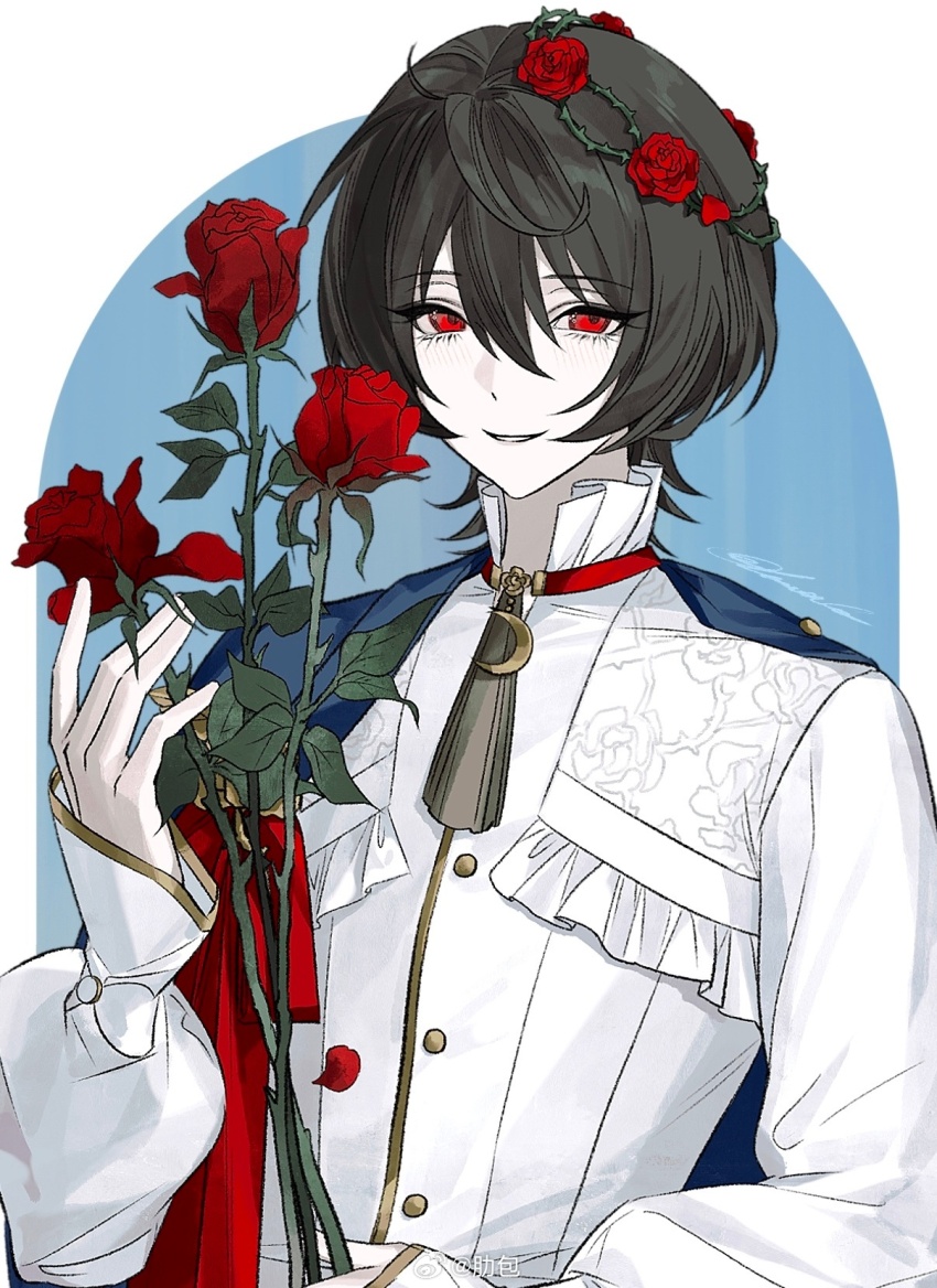 1boy blue_background blue_cape border bow cape chinese_commentary commentary_request crescent ensemble_stars! feature_scout_1_(ensemble_stars!) floral_print flower frilled_shirt frilled_shirt_collar frills hand_up head_wreath highres holding holding_flower jewelry light_blush long_sleeves looking_at_viewer lunaticotat male_focus neck_tassel necklace puffy_long_sleeves puffy_sleeves pursed_lips red_bow red_eyes red_ribbon ribbon rose rose_print sakuma_ritsu shirt short_hair sleeves_past_wrists smile solo tassel upper_body watermark weibo_watermark white_border