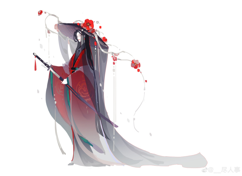 1girl absurdres black_hair black_hat black_veil chinese_clothes chinese_commentary closed_mouth collared_shirt commentary_request earrings expressionless floral_print flower forehead full_body grey_shirt hanfu hat hat_flower highres holding holding_sword holding_weapon jewelry jin_renshi katana lipstick long_hair long_sleeves makeup original petals poppy_(flower) red_flower red_hanfu red_lips see-through_clothes see-through_veil sheath shirt simple_background solo standing straight_hair sword tassel unsheathing veil very_long_hair watermark weapon weibo_watermark weimao white_background wide_sleeves