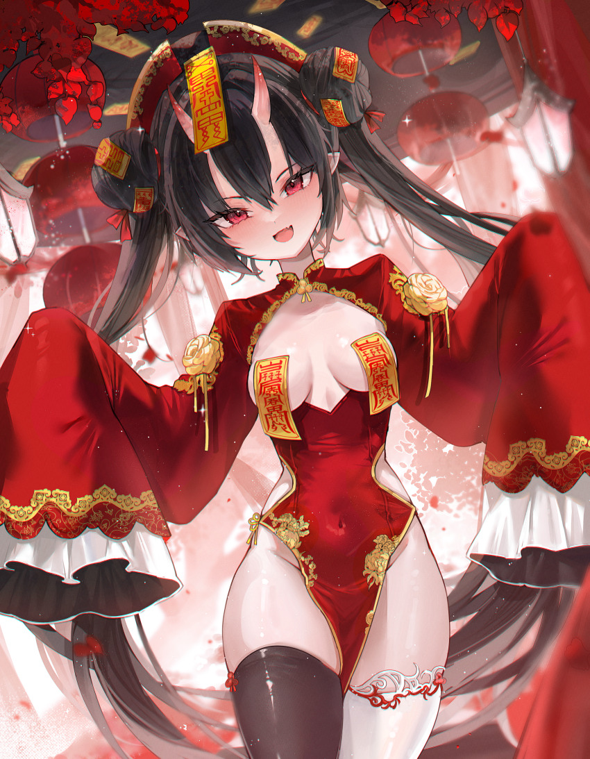 1girl absurdres asymmetrical_legwear black_hair black_thighhighs breasts breasts_apart china_dress chinese_clothes clothing_cutout commission covered_navel cowboy_shot demon_horns double_bun dress fang framed_breasts gold_trim gurami_(zangizarang) hair_between_eyes hair_bun hands_up hat highres horns lantern long_hair long_sleeves looking_at_viewer mismatched_legwear no_bra no_panties ofuda ofuda_on_nipples open_mouth original paper_lantern pasties pelvic_curtain pointy_ears qingdai_guanmao red_dress red_eyes revision second-party_source side_cutout sidelocks skindentation sleeves_past_fingers sleeves_past_wrists small_breasts smile solo standing thighhighs thighs twintails very_long_hair white_thighhighs wide_sleeves