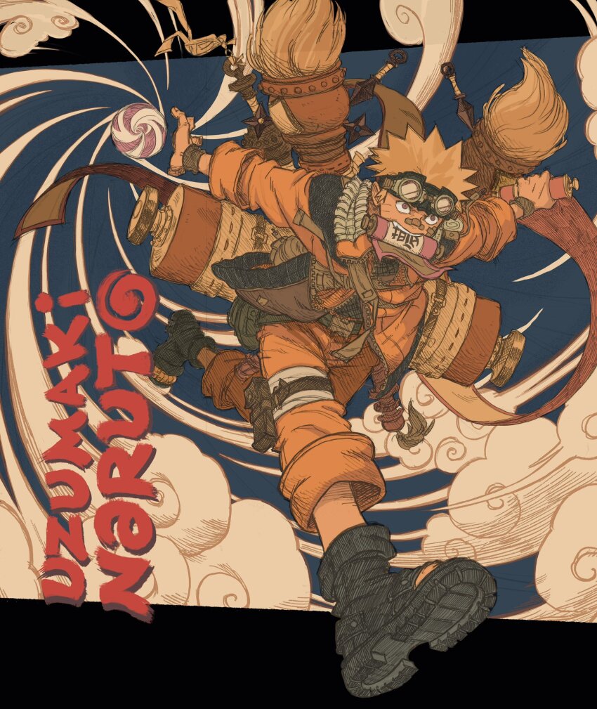 1boy aten_man bandage_on_nose black_boots blonde_hair blue_background boots character_name cloud facial_mark full_body goggles goggles_on_head highres holding holding_scroll jacket kunai long_sleeves male_focus mouth_hold naruto naruto_(series) ninja orange_jacket orange_pants outstretched_arms oversized_object paintbrush pants rasengan running scroll short_hair shuriken solo spiked_hair spread_arms swirl uzumaki_naruto weapon whisker_markings