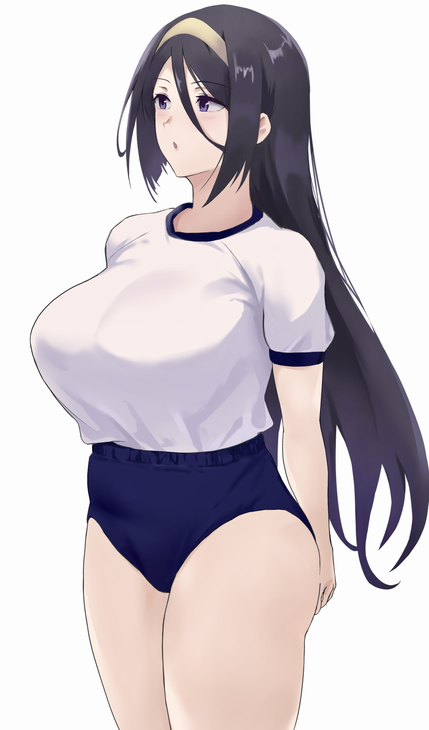 1girl absurdres arms_behind_back black_hair blue_buruma breasts buruma cowboy_shot gym_shirt gym_uniform hair_between_eyes hairband highres hyouka irisu_fuyumi large_breasts long_hair nagaya_(arx7sagara) shirt simple_background solo t-shirt white_background white_shirt