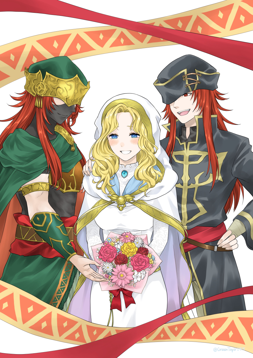 1girl 2boys absurdres black_coat blonde_hair blue_eyes blush bouquet cape coat dress fire_emblem fire_emblem:_the_sacred_stones fire_emblem_heroes flower green_cape grin hetero highres holding holding_bouquet joshua_(fire_emblem) joshua_(resolute_tempest)_(fire_emblem) long_hair midori_no_baku multiple_boys multiple_persona natasha_(fire_emblem) nintendo red_eyes red_hair smile white_dress