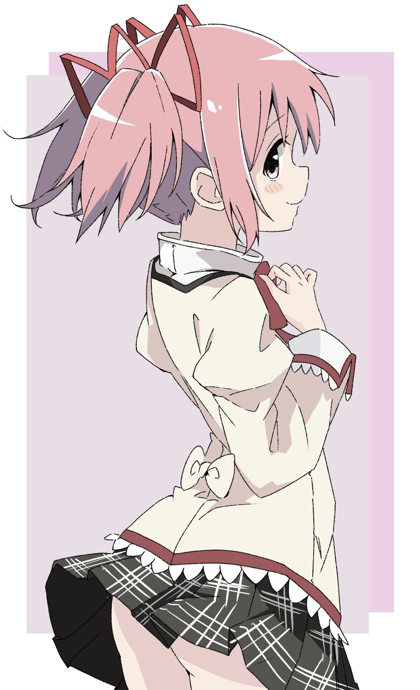 1girl absurdres arched_back arms_up ass back_bow black_skirt bow bowtie from_behind hair_ribbon hand_on_own_chest highres juliet_sleeves kaname_madoka loli long_sleeves looking_at_viewer looking_back maho_ron1 mahou_shoujo_madoka_magica mitakihara_school_uniform no_panties pink_background pink_eyes pink_hair plaid_clothes plaid_skirt puffy_sleeves red_bow red_ribbon ribbon school_uniform short_hair sidelocks skirt smile solo standing twintails upskirt white_background