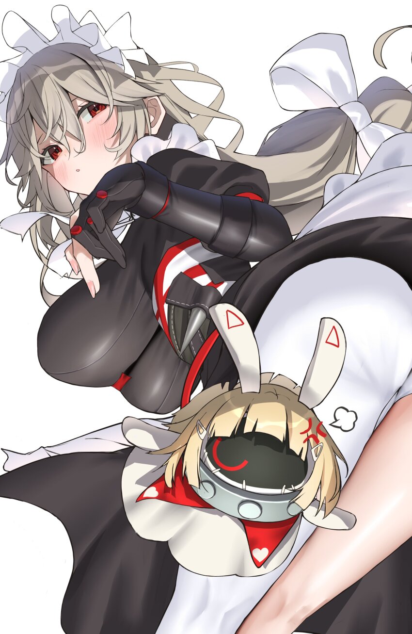 1girl :o absurdres alexandrina_sebastiane bangboo_(zenless_zone_zero) black_gloves bow breasts brown_hair commentary_request drusilla_(zenless_zone_zero) gloves hair_between_eyes hair_bow highres large_breasts long_hair long_sleeves looking_at_viewer maid maid_headdress nidaime_(doronbo) partially_fingerless_gloves puffy_long_sleeves puffy_sleeves red_eyes simple_background white_background white_bow zenless_zone_zero