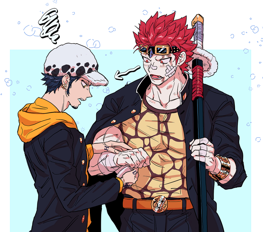 2boys arrow_(symbol) bandaged_arm bandages bandaid bandaid_on_face bandaid_on_finger bandaid_on_nose belt biceps black_coat black_hair black_pants blue_background bracelet buttons coat coat_on_shoulders collarbone commentary_request earrings eustass_kid facial_hair fang fur_hat gauze gauze_on_cheek goatee goggles goggles_on_head gold_earrings hat highres holding holding_sword holding_weapon hood hood_down hoodie jewelry looking_down male_focus multiple_boys muscular muscular_male one_piece open_clothes open_coat open_mouth orange_belt pants pectorals profile red_eyes red_hair red_lips scratches sheath shirt short_hair short_sleeves sideburns spiked_hair squiggle sword teeth trafalgar_law two-tone_background v-shaped_eyebrows weapon white_background white_hat yakumo_(ykm) yellow_eyes yellow_hoodie yellow_shirt