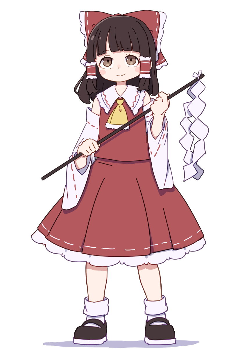 1girl absurdres ascot bare_shoulders blunt_bangs bow brown_eyes brown_hair brown_shoes closed_mouth collared_shirt commentary contrast_collar detached_sleeves frilled_ascot frilled_bow frilled_hair_tubes frilled_skirt frills full_body gohei hair_bow hair_tubes hakurei_reimu highres holding holding_gohei kame_(kamepan44231) looking_at_viewer medium_hair pleated_skirt red_bow red_skirt ribbon-trimmed_sleeves ribbon_trim shirt shoes sidelocks simple_background skirt skirt_set sleeveless sleeveless_shirt smile socks solo standing touhou white_background white_sleeves white_socks yellow_ascot
