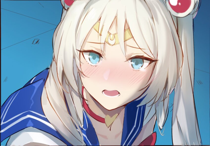 1girl an-94_(girls&#039;_frontline) aqua_eyes bishoujo_senshi_sailor_moon blonde_hair blue_sailor_collar choker crescent girls&#039;_frontline heart heart_choker jhcrow3 lower_teeth_only meme red_choker sailor_collar sailor_moon_redraw_challenge_(meme) solo teeth upper_body