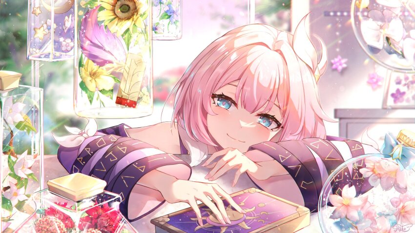 1girl blue_eyes book coat commentary cyrene_(honkai:_star_rail) elphe english_commentary flower hair_ornament highres honkai:_star_rail honkai_(series) multicolored_hair pink_hair pink_pupils purple_coat short_hair smile solo star_rail_special_pass_(honkai:_star_rail) two-tone_hair white_hair