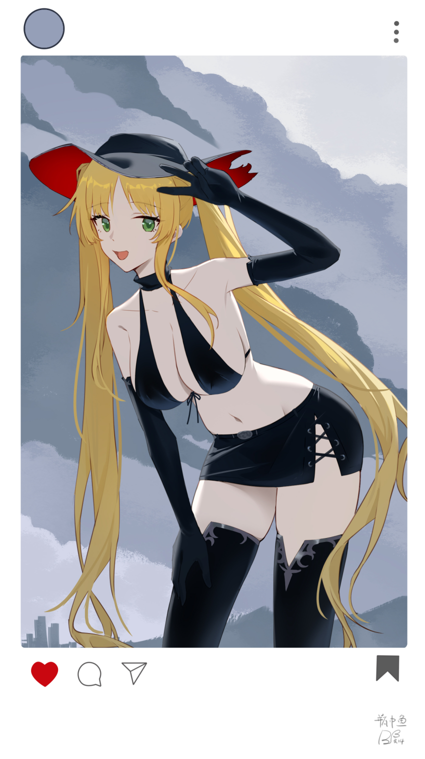1girl absurdres azur_lane bare_shoulders black_boots black_gloves black_hat blonde_hair boots breasts collarbone elbow_gloves gloves green_eyes hat highres hornet_(azur_lane) hornet_(meta)_(azur_lane) large_breasts navel open_mouth ping_zhong_yu solo stomach thighhighs twintails v zettai_ryouiki