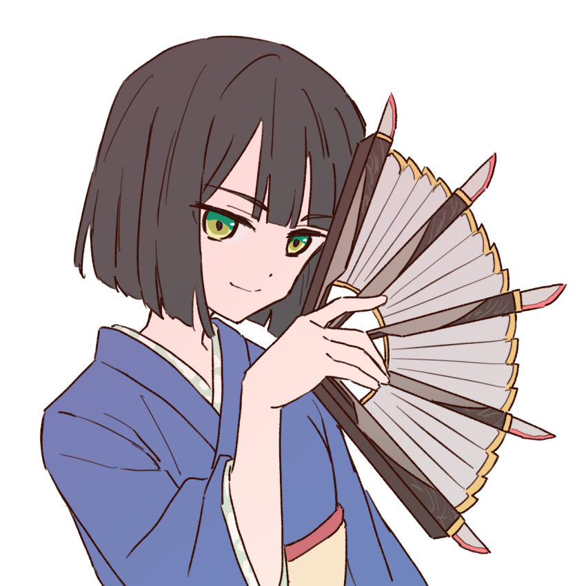 1girl apex_legends black_hair blue_kimono blunt_bangs blunt_ends bob_cut closed_mouth commentary_request folding_fan garra_de_alanza green_eyes hand_fan highres holding holding_fan holding_weapon japanese_clothes kimono link!_like!_love_live! long_sleeves love_live! momose_ginko momose_ginko_(summer_casual) nogreen obi obiage official_alternate_costume sash short_hair simple_background smile solo split_mouth upper_body virtual_youtuber weapon white_background yellow_sash