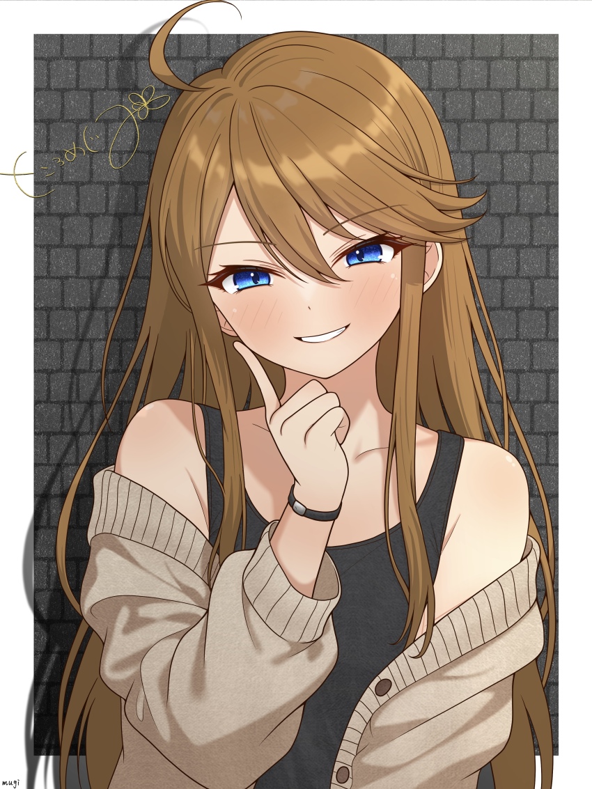 1girl 82k_mugi absurdres ahoge black_tank_top blue_eyes blush border brick_wall brown_cardigan brown_hair cardigan cardigan_partially_removed collarbone commentary_request finger_to_cheek highres idolmaster idolmaster_million_live! long_hair looking_at_viewer outside_border signature smile solo straight_hair tank_top tokoro_megumi upper_body very_long_hair white_border