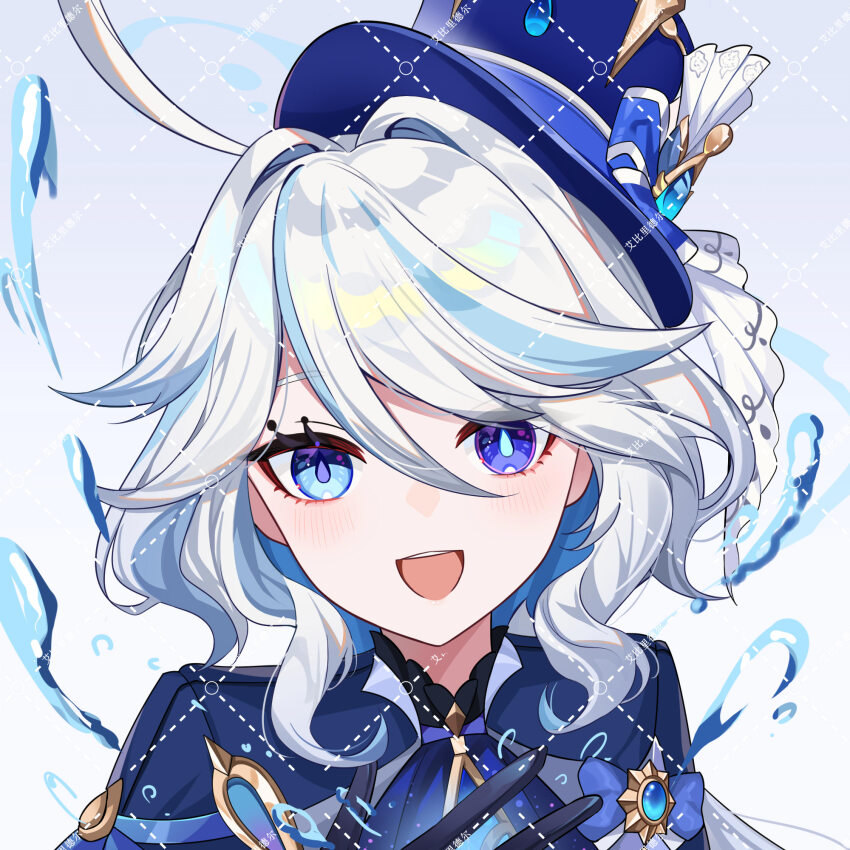1girl abby_riddle ahoge ascot black_gloves blue_ascot blue_brooch blue_eyes blue_gemstone blue_hair blue_hat blue_jacket drop-shaped_pupils furina_(genshin_impact) gem genshin_impact gloves hair_between_eyes hat highres jacket light_blue_hair looking_at_viewer mismatched_pupils multicolored_hair open_mouth ouji_fashion smile solo streaked_hair symbol-shaped_pupils top_hat