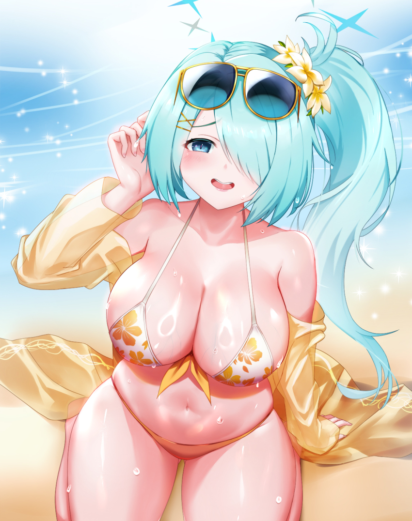 1girl aqua_hair bare_shoulders beach bikini blue_archive blue_eyes blush breasts cardigan commentary_request dtcy eyewear_on_head floral_print front-tie_bikini_top front-tie_top hair_ornament hair_over_one_eye halo hand_up highres hiyori_(blue_archive) hiyori_(swimsuit)_(blue_archive) large_breasts long_hair looking_at_viewer ocean off_shoulder on_ground open_cardigan open_clothes open_mouth orange_bikini shiny_skin side_ponytail sitting solo sunglasses swimsuit teeth thick_thighs thighs upper_teeth_only white_bikini x_hair_ornament yellow_cardigan