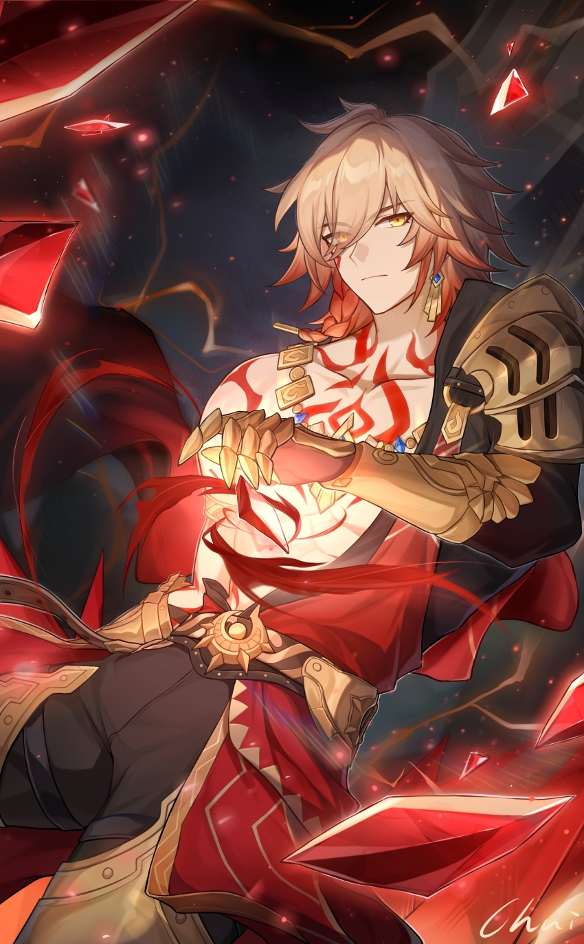 1boy abs absurdres armor armored_gloves belt black_coat black_pants blonde_hair braid cape chest_tattoo chinese_commentary chuideng closed_mouth coat commentary_request crystal earrings facial_tattoo gold_earrings gold_necklace gradient_hair hair_between_eyes highres honkai:_star_rail honkai_(series) jewelry looking_at_viewer male_focus medium_hair multicolored_hair mydei_(honkai:_star_rail) necklace open_clothes open_coat pants pauldrons red_cape red_hair red_tattoo shoulder_armor side_braid single_pauldron solo tattoo thigh_strap toned toned_male yellow_eyes