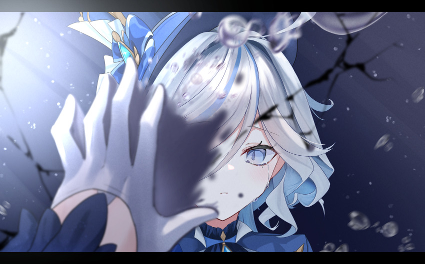 1girl absurdres against_mirror ahoge blue_eyes blue_gemstone blue_hair blue_hat blue_jacket broken_mirror brooch crying crying_with_eyes_open drop-shaped_pupils furina_(genshin_impact) gem genshin_impact gloves hat highres jacket jewelry light_blue_hair mirror multicolored_hair ouji_fashion popo_y reflection solo streaked_hair symbol-shaped_pupils tears top_hat white_gloves