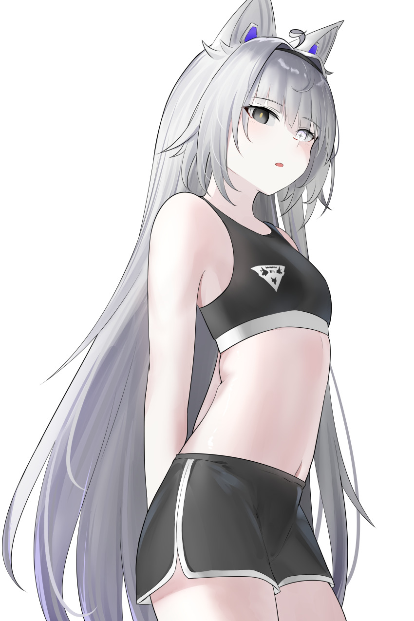 1girl absurdres ahoge animal_ears aurilia_(user_8748) black_hairband black_shorts cross-shaped_pupils grey_eyes grey_hair hair_intakes hairband heterochromia highres long_hair mechanical_ears mismatched_pupils navel no._21:_feral_scent_(pgr) no._21_(pgr) punishing:_gray_raven shorts sidelocks solo symbol-shaped_pupils tank_top very_long_hair white_eyes wolf_ears