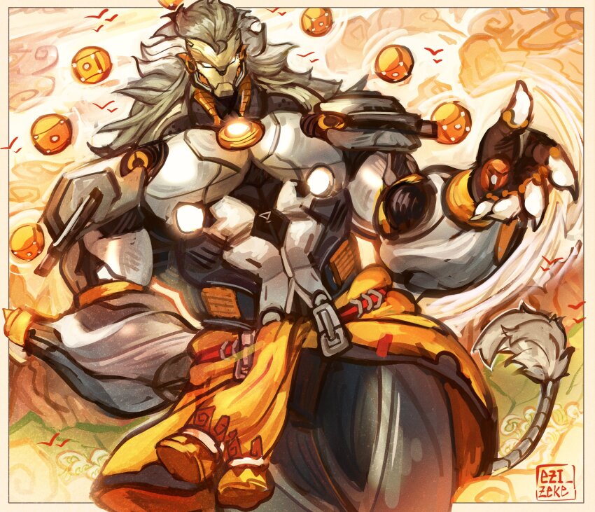 1boy absurdres arm_behind_back artificial_eye artist_name banyue_(zenless_zone_zero) biceps bird black_gloves claws clothes_around_waist cloud cloudy_sky commentary english_commentary ezizekekiel fingerless_gloves floating_ball gloves grass grey_hair highres humanoid_robot long_hair male_focus mechanical_arms mechanical_eye mechanical_hands mechanical_legs mechanical_tail metal_skin orb robot robot_boy sky solo tail yellow_sky zenless_zone_zero