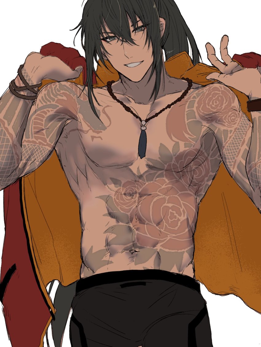 1boy a_nzi_end alternate_hairstyle black_hair black_leggings black_male_swimwear black_swim_trunks chain chain_necklace commentary_request dragon_tattoo fate/grand_order fate_(series) flower_tattoo full-body_tattoo green_eyes hair_between_eyes highres holding holding_unworn_clothes holding_jacket holding_unworn_clothes jacket jewelry leggings long_hair looking_at_viewer male_focus male_swimwear muscular muscular_male necklace no_shirt official_alternate_costume pearl_necklace ponytail red_jacket simple_background smile solo swim_trunks swimsuit tattoo teeth topless_male unworn_jacket upper_body very_long_hair white_background yan_qing_(fate) yan_qing_(training_wear)_(fate)