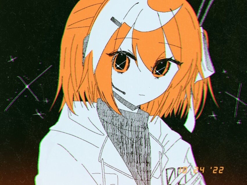 1girl a.i._voice adachi_rei black_background chromatic_aberration closed_mouth expressionless gloves gradient_background hair_between_eyes hair_ornament hair_ribbon hairclip headset jacket jaggy_lines kuroyuki_(kuroyuki0830) looking_at_viewer medium_hair microphone open_clothes open_jacket orange_background orange_eyes orange_hair pale_skin parka photo_date_watermark portrait radio_antenna ribbon segment_display side_ponytail solo star_(symbol) star_in_eye star_symbol_background steepled_fingers symbol_in_eye timestamp utau wavy_eyes white_gloves white_jacket white_ribbon