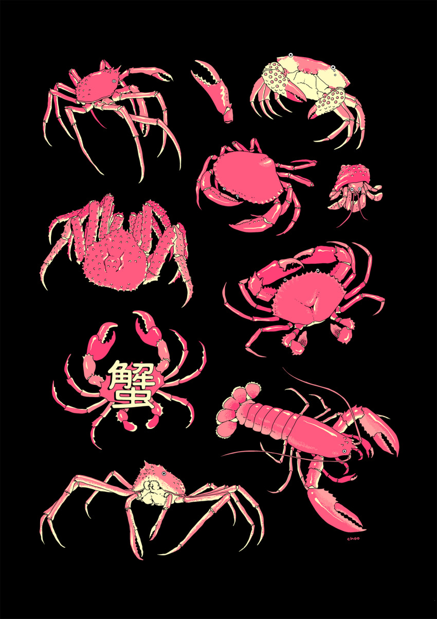 animal animal_focus antennae artist_name black_background choo claws commentary crab crustacean googly_eyes hermit_crab highres limited_palette lobster looking_at_viewer monochrome no_humans original red_theme severed_limb simple_background spikes standing symbol-only_commentary white_eyes