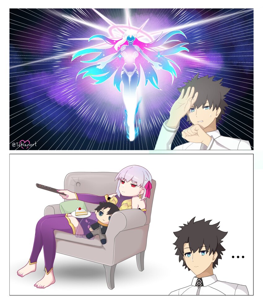 ... 1boy 1girl absurdres barefoot black_hair blue_eyes cake cake_slice chaldea_uniform character_doll commentary controller detached_sleeves doll english_commentary fate/grand_order fate_(series) food fujimaru_ritsuka_(male) hair_ribbon highres holding holding_remote_control jacket kama_(beast_iii/l)_(fate) kama_(fate) kama_(first_ascension)_(fate) long_sleeves pink_nails pink_ribbon plate red_eyes remote_control ribbon short_hair sitting tetranort toenails toes twitter_username white_hair white_jacket