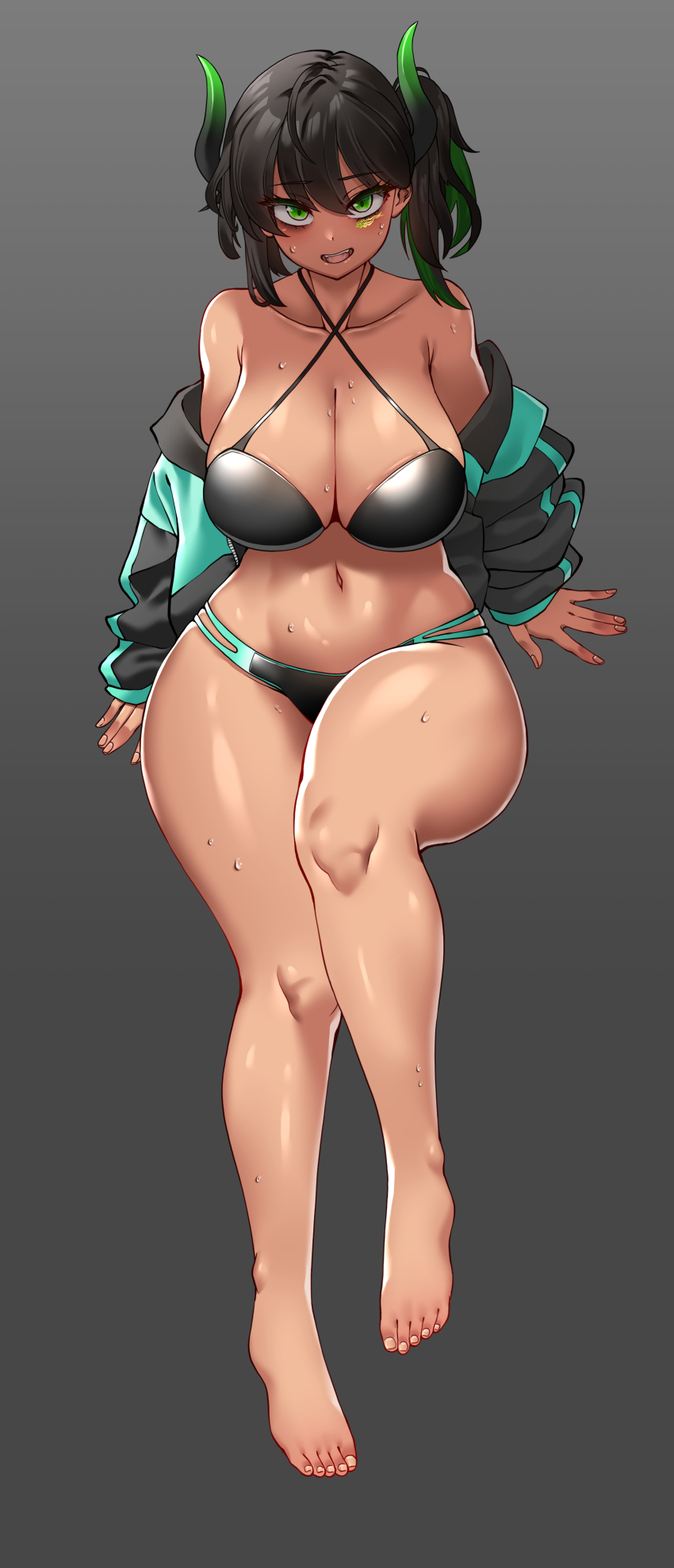 1girl :d absurdres bare_shoulders barefoot bikini black_bikini black_hair breasts cleavage commentary dark-skinned_female dark_skin english_commentary gradient_background green_eyes highres hitch_(perotoss) horns jacket large_breasts navel off_shoulder open_mouth original smile solo swimsuit teeth variant_set