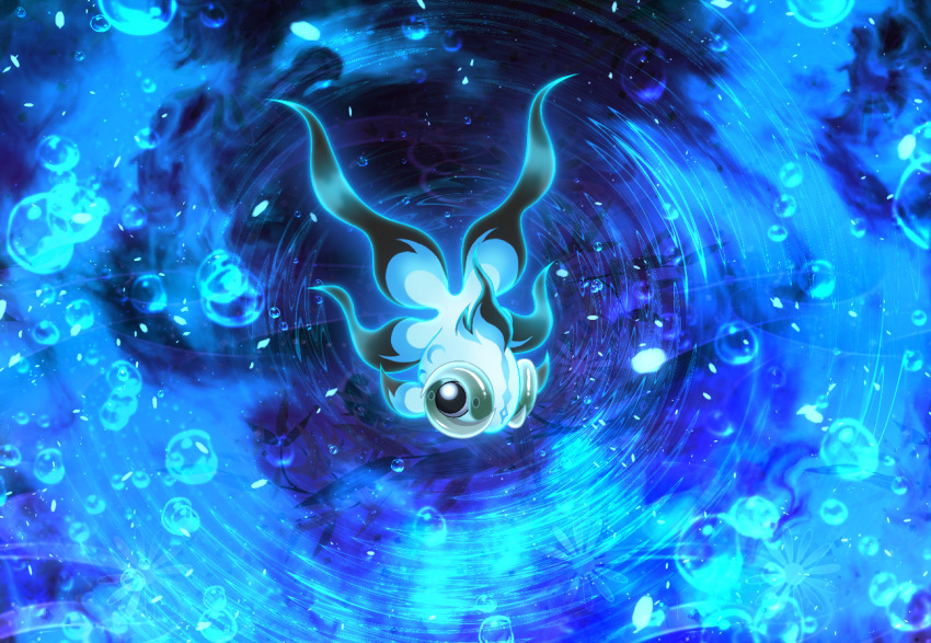 alternate_color animal_focus black_eyes blue_fire bubble chi-yu_(pokemon) commentary_request fire fish full_body looking_at_viewer maiko_(mimi) nintendo no_humans official_alternate_color pokemon pokemon_(creature) pokemon_focus shiny_pokemon solo