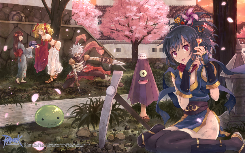 1boy 3girls architecture armor assassin_(ragnarok_online) bandages bandages_over_clothes bikini black_eyes black_footwear black_hair black_thighhighs blonde_hair blue_dress blue_kimono bow box breasts cape cleavage closed_eyes closed_mouth copyright_notice crescent dagger detached_sleeves dress east_asian_architecture full_body gypsy_(ragnarok_online) hair_bow hair_ornament hair_stick harem_pants highres holding holding_box holding_dagger holding_knife holding_weapon in-universe_location jamadhar japanese_clothes karakasa_obake kasa_(ragnarok_online) kimono knife logo long_hair looking_at_another mask medium_breasts medium_hair mouth_mask multiple_girls ninja_(ragnarok_online) ninja_mask obi obijime official_art official_wallpaper open_mouth outdoors pants pauldrons petals pickaxe pink_eyes pink_scarf pinwheel_hair_ornament poporing purple_pants purple_shirt ragnarok_online red_bow red_eyes red_sash red_sleeves sandals sash scarf seiza shirt short_dress short_hair shoulder_armor sitting sleeveless sleeveless_dress slime_(creature) smile spiked_hair strapless strapless_bikini swimsuit thighhighs torn_cape torn_clothes torn_scarf twintails umbrella vambraces waist_cape weapon white_hair white_pants yakka yellow_bikini zouri