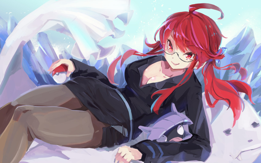 1girl breasts brown_pantyhose business_suit cleavage creatures_(company) crystal dewgong formal_clothes game_freak gen_1_pokemon glasses hantic888 highres large_breasts lipstick long_sleeves lorelei_(pokemon) makeup nintendo pantyhose pokemon pokemon_(creature) pokemon_lgpe red_eyes red_hair shellder sidelocks skirt suit swept_bangs