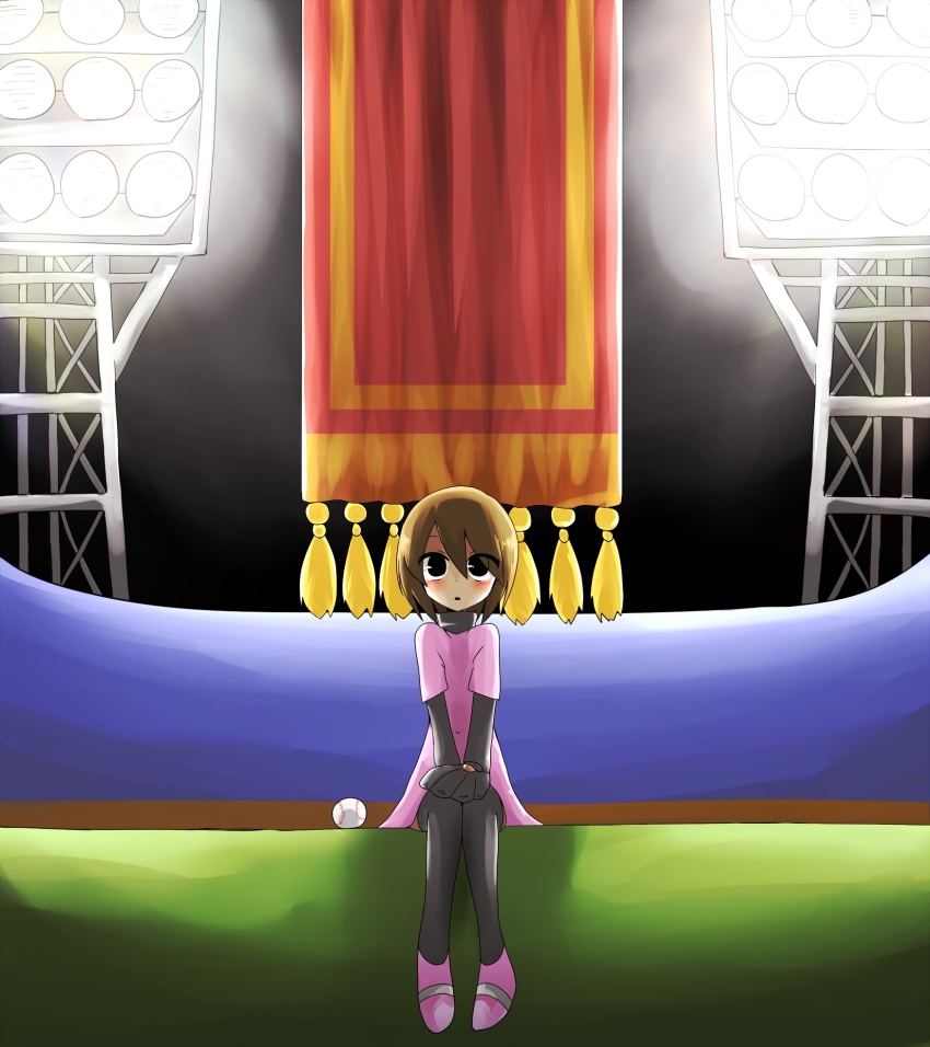 1girl banner baseball baseball_glove black_eyes black_thighhighs black_undershirt blush brown_hair commentary dress hair_between_eyes hands_on_lap highres jiima_tarou layered_clothes long_sleeves looking_ahead looking_at_viewer minna_no_rhythm_tengoku night parted_lips pink_dress pink_shoes pitcher_(rhythm_tengoku) rhythm_tengoku shirt shoes short_hair short_sleeves sitting solo stadium_lights thighhighs turtleneck undershirt v_arms