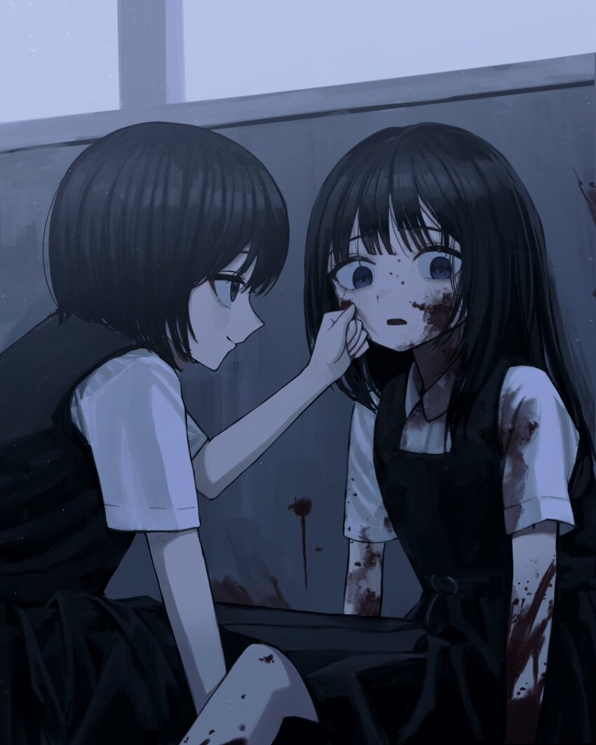 2girls averting_eyes black_hair black_skirt blood blood_on_body blood_on_clothes blood_on_face blood_on_wall blue_eyes fog highres light_particles long_hair looking_at_another multiple_girls open_mouth original pleated_skirt rooftop sakiika0513 shirt short_sleeves sitting skirt skirt_set smile white_shirt