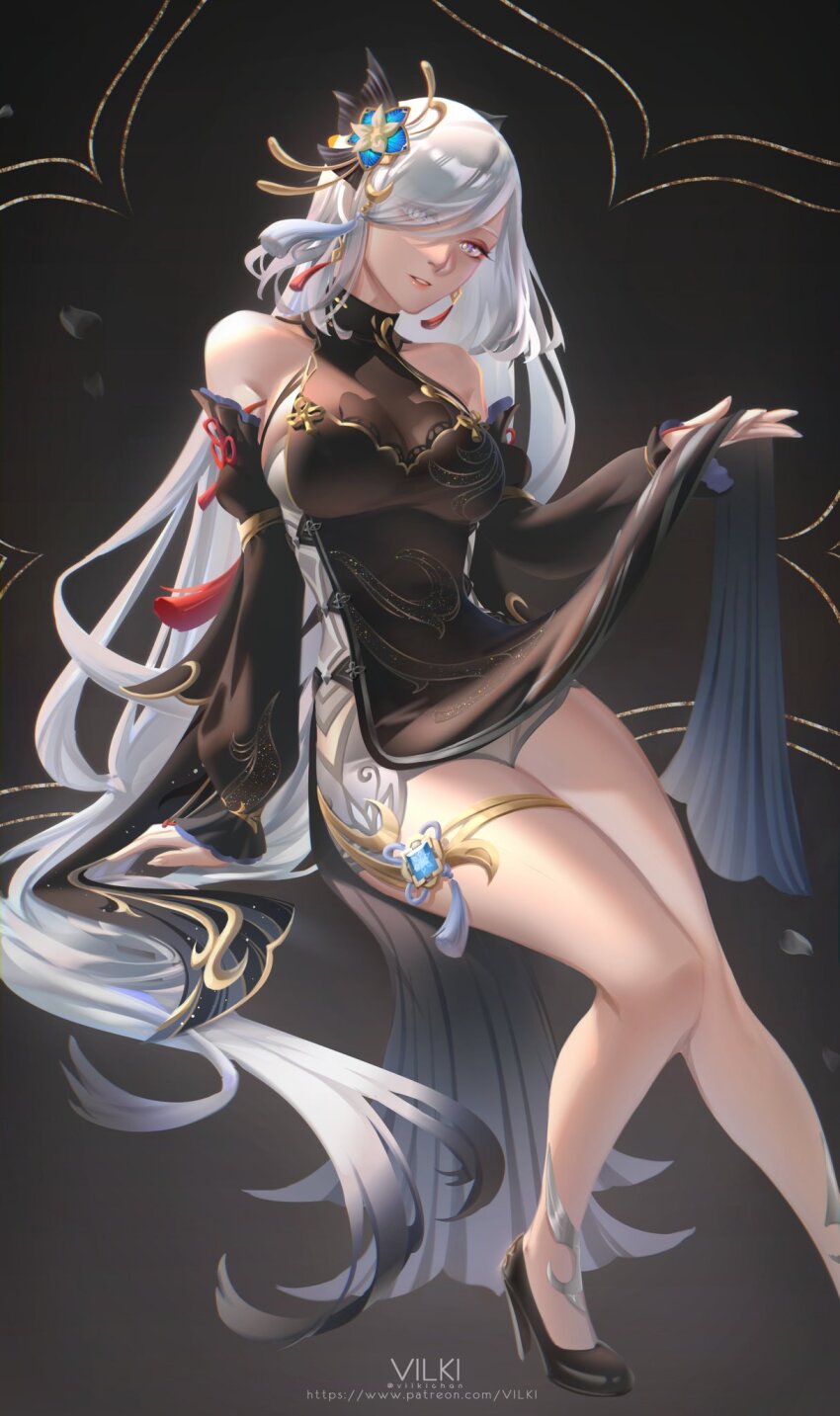 1girl artist_name bare_shoulders black_background black_dress black_high_heels black_shoes black_sleeves blue_eyes breasts china_dress chinese_clothes cleavage commentary cryo_symbol_(genshin_impact) detached_sleeves dress earrings english_commentary eyes_visible_through_hair eyeshadow feet_out_of_frame fingernails frilled_sleeves frills full_body genshin_impact gradient_background grey_background hair_between_eyes hair_ornament hair_over_one_eye highres jewelry large_breasts legs_together long_hair looking_at_viewer makeup multicolored_eyes official_alternate_costume official_alternate_hairstyle ofuda ofuda_on_head parted_lips patreon_username pelvic_curtain red_eyeshadow see-through_cleavage see-through_clothes shenhe_(frostflower_dew)_(genshin_impact) shenhe_(genshin_impact) shoes side_slit sideless_dress sitting sleeveless sleeveless_dress solo teeth twitter_username very_long_hair vilkichan vision_(genshin_impact) white_hair