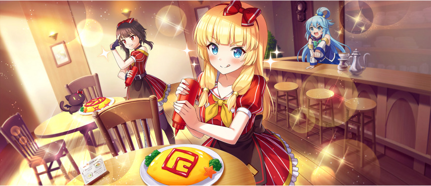 3girls :q apron aqua_(konosuba) bandaged_leg bandages belt belt_buckle black_apron black_cat black_choker black_gloves black_thighhighs blonde_hair blue_eyes blue_hair blue_shirt blunt_bangs blush bottle bow bow_hairband bowtie brown_hair buckle cat cecily_(konosuba) chair choker chomusuke chuunibyou collarbone detached_sleeves dress fingerless_gloves food frilled_dress frills game_cg gloves green_bow green_bowtie hair_bow hair_rings hair_tie hairband hand_over_eye hand_up highres holding holding_bottle indoors ketchup ketchup_bottle kono_subarashii_sekai_ni_shukufuku_wo! konosuba!_fantastic_days long_hair looking_at_viewer low-tied_sidelocks matching_outfits megumin multiple_girls neckerchief off-shoulder_dress off_shoulder official_alternate_costume official_art omelet omurice open_mouth orange_neckerchief pinstripe_dress pinstripe_pattern pointing pointing_at_another puffy_short_sleeves puffy_sleeves red_bow red_dress red_eyes red_hairband round_table shirt short_dress short_hair short_hair_with_long_locks short_sleeves sidelocks single_hair_ring single_thighhigh sleeveless sleeveless_shirt smile sparkle standing stool sunlight table thighhighs tongue tongue_out v-shaped_eyebrows waist_apron waitress white_sleeves winged_cat wooden_chair wooden_table