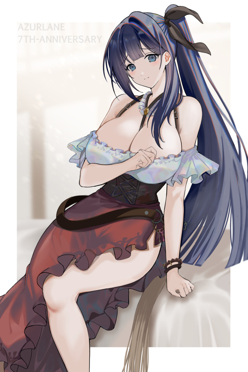 1girl anniversary azur_lane bare_shoulders barmaid bell_(azur_lane) bell_(saloon_mishaps)_(azur_lane) between_breasts black_hair blurry blurry_background border breasts brown_corset cleavage closed_mouth commentary_request corset grey_eyes highres large_breasts long_hair looking_at_viewer off-shoulder_shirt off_shoulder official_alternate_costume official_alternate_hairstyle outside_border red_skirt shibaebi_(yasaip_game) shirt side_ponytail side_slit single_hair_intake sitting skirt solo thighs white_border white_shirt