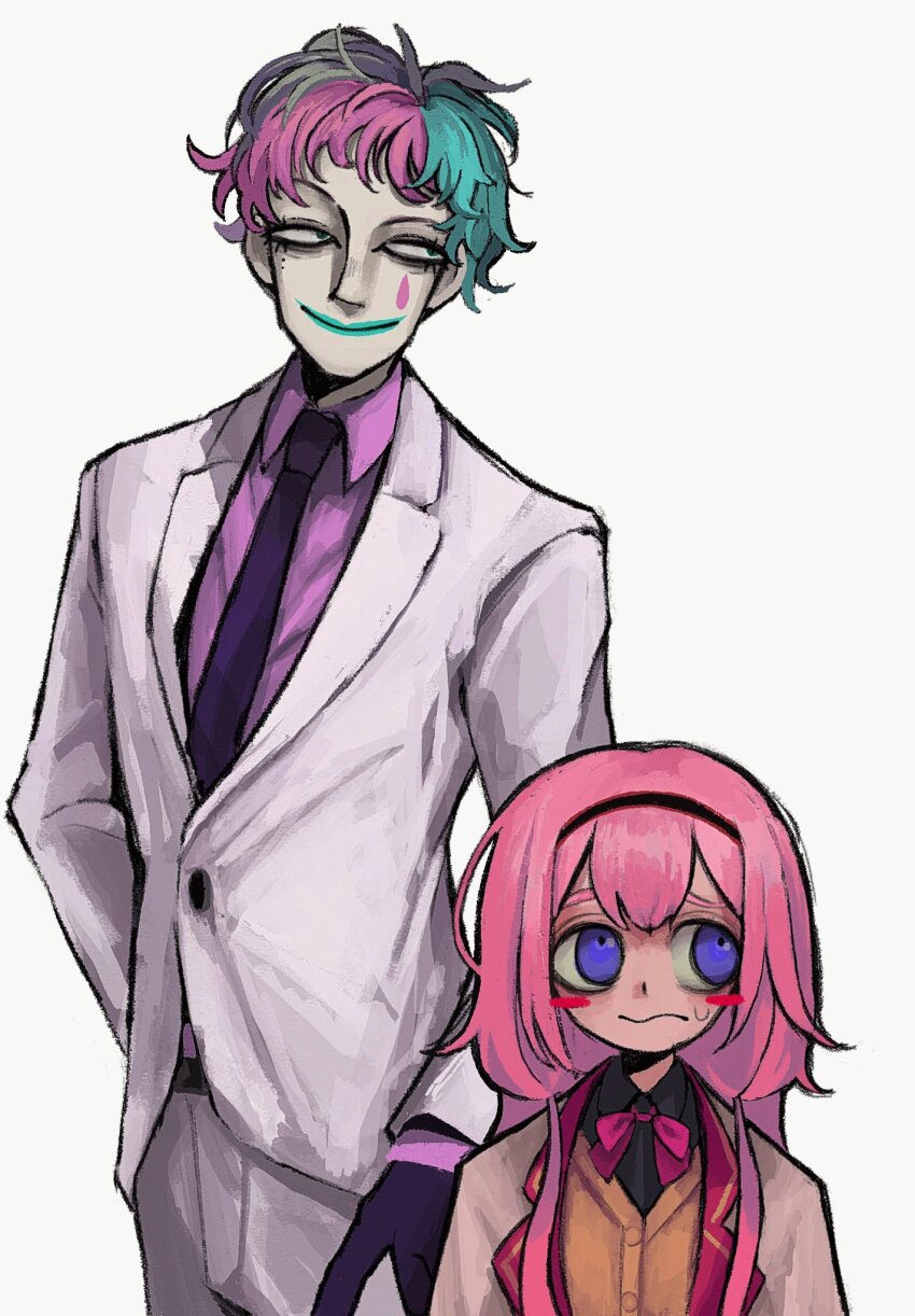 1boy 1girl aqua_hair aqua_lips black_gloves black_hairband black_shirt blue_eyes blush_stickers brown_cardigan cardigan formal_clothes gloves hairband highres hz7dkr joe_rikiichi joe_rikiichi_(1st_costume) long_hair long_sleeves low_twintails multicolored_hair necktie nijisanji pink_hair pink_shirt purple_hair school_uniform selene_girls_school_uniform shirt short_hair suit suo_sango suo_sango_(1st_costume) sweat teardrop_facial_mark twintails virtual_youtuber white_background white_suit